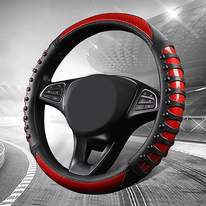 3D Massage Red Carbon Fiber Leather Steering Wheel Cover, 14.5-15 Inch Non-Slip Breathable Microfiber Car Steering Wheel Prot
