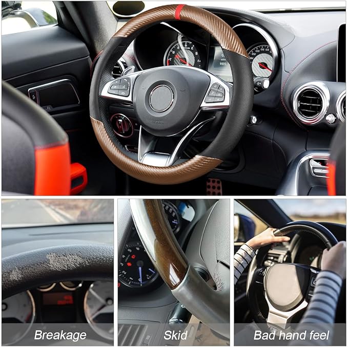 Moly Magnolia Carbon Fiber Steering Wheel Cover, Universal 15 inch Breathable Anti Slip, Fit Most Cars, Trucks, SUV (Carbon F