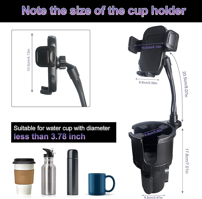 JINKEY Cup Holder Phone Mount, 360°Rotation Gooseneck Car Cup Holder Expander with Cell Phone Holder with Adjustable Base Pho