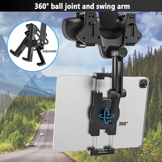 Rearview Mirror Tablet Mount for Car Truck [Rotatable & Retractable] Rear View Mirror Clip Phone Tablet Holder Upgraded 4 Corners for Pro Air Mini, Galaxy Tab, iPhone, 4-11" Devices