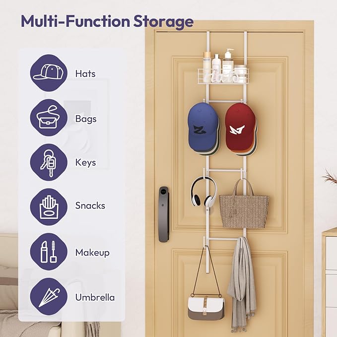 SWTYMIKI Over Door Hat Organizer - Wall Mounted Hat Rack with 6 Hooks and Metal Basket Design, Hanging Baseball Cap Organizer