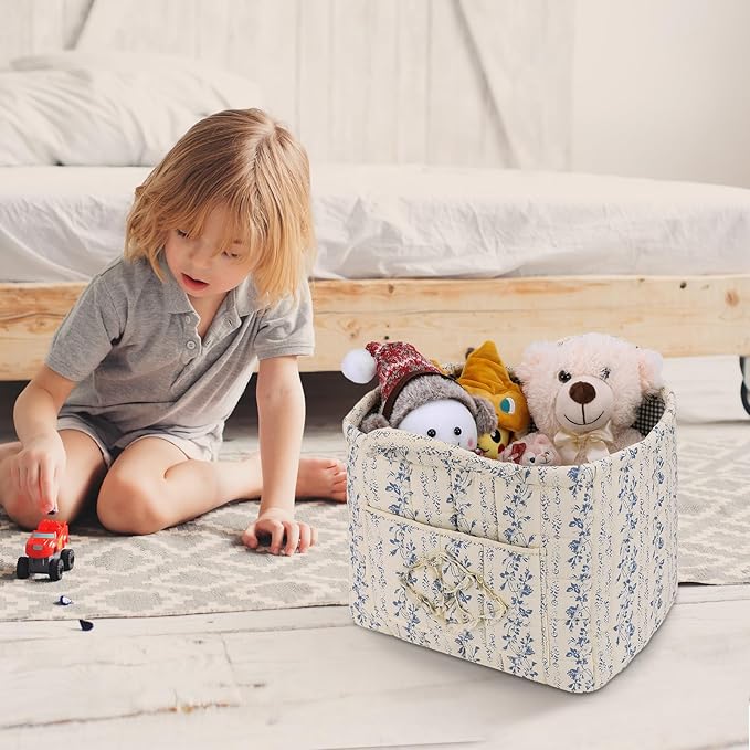 Storage Basket Boho Fabric Large Collapsible Floral Laundry Nursery Hamper Portable Folding Storage for Clothes Toys (Vine-Bl