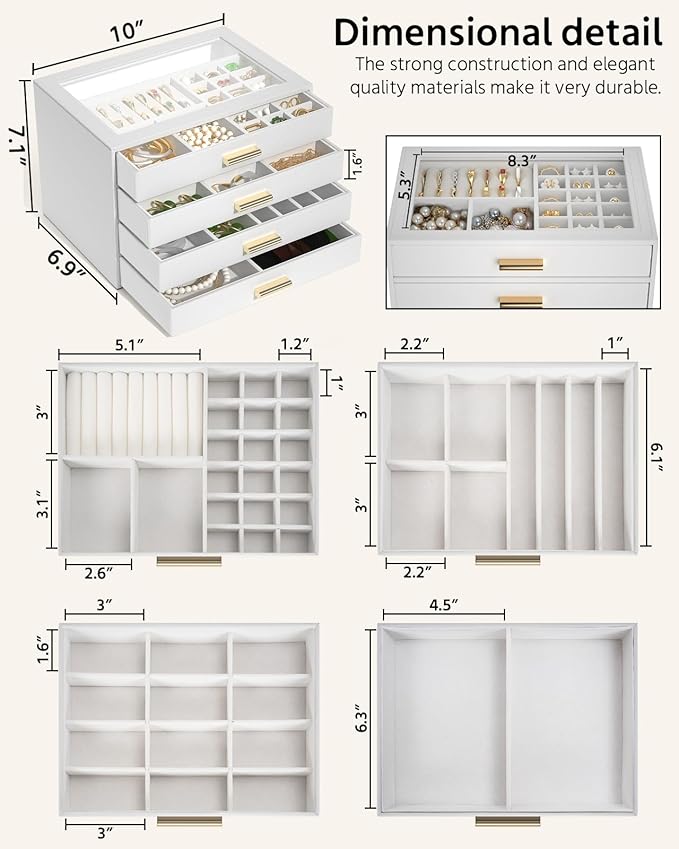AKOZLIN Jewelry Box with Clear Lid Functional Leather Jewelry Storage Organizer Case 4 Drawers for Women Girls Necklace Ring 