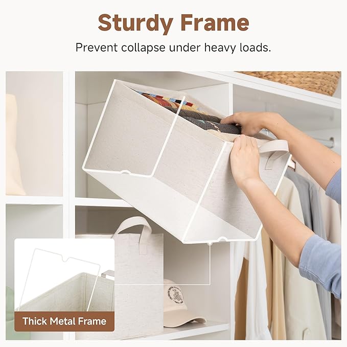 StorageWorks Storage Bins, Shelves Baskets for Organizing, Large Fabric Closet Organizers with Handles, Metal Frame, Beige-Co