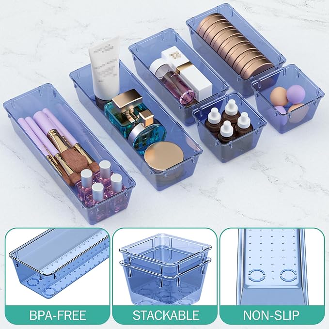 WOWBOX 9 Pack Clear Drawer Organizer Set, Acrylic Drawer Storage Trays, Storage Bins for Makeup, Cosmetics, Jewelries, Utensi