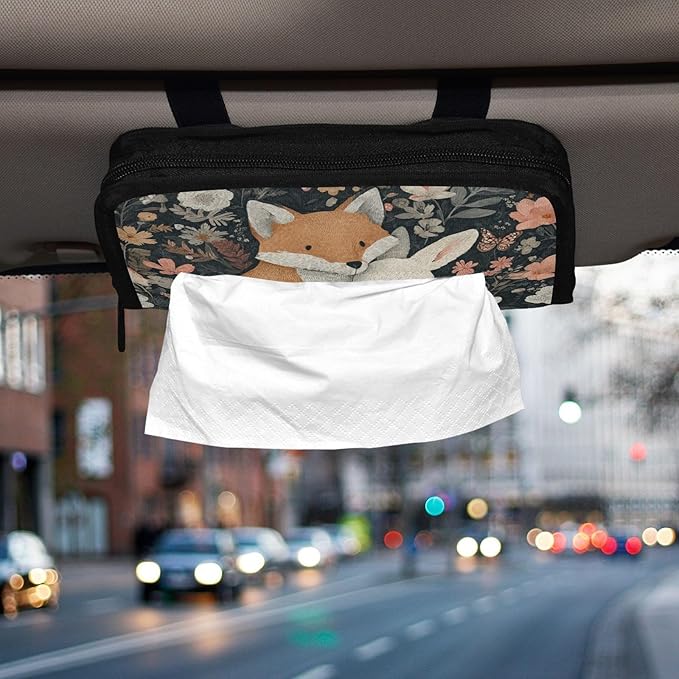 Car Tissue Holder Car Visor Organizer Tissue Box Holder for Car Sun Visor Organizer with Car Vehicle Accessories Essentials Interior for Women Men Forest Fox Bunny Flowers Green