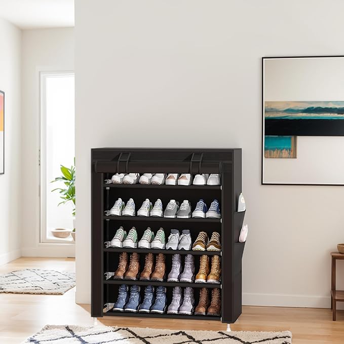 Laiensia 5-Tier Vertical Shoe Rack Organizer, Space Saving Shoe Storage Organizer, Non-Woven Cover Shoe Shelf Holds 20-25 Pai