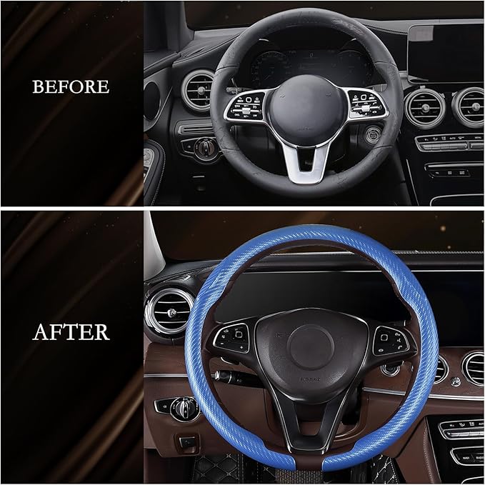 Aimato Car Steering Wheel Cover Carbon Fiber, Ultra-Thin Car Steering Wheel Cover,Comfortable & Breathable Microfiber,Universal Fit for Most Cars, Matte Blue