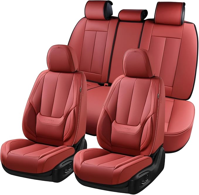 Coverado Car Seat Covers Full Set, Car Seat Protector Waterproof, Nappa Leather Car Seat Cushion, Red Seat Covers for Cars, F