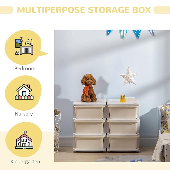 Qaba 3 Tier Kids Storage Unit, Toy Organizers and Storage with 6 Drawer Chest for Kids Bedroom Nursery Kindergarten Living Ro