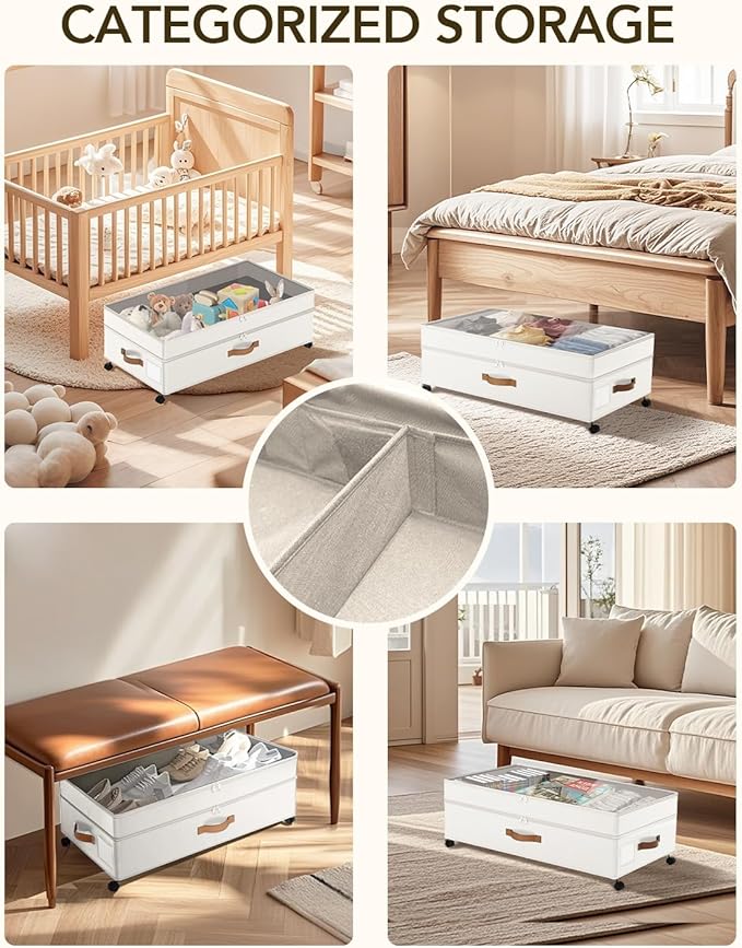 Under Bed Storage with Wheels, 10 inches Under Bed Storage Containers, 65L XXL Large Adjustable Underbed with Lids, Rolling U