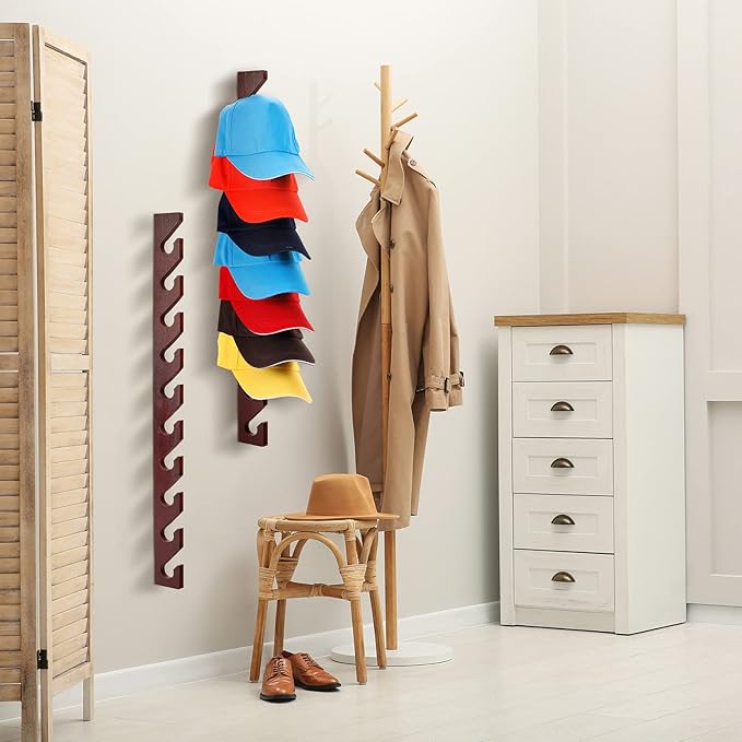 BBTO 3 Pack Wooden Hat Rack for Baseball Cap Wall Mount Hat Racks 30 Slot Vertical Baseball Cap Display Holder with 10 Hooks 