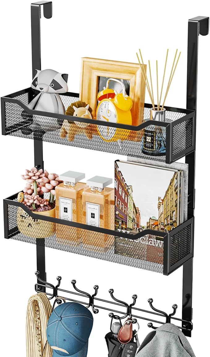 SWTYMIKI Over The Door Hooks Organizer - Multi-Functional Door Hanger with 16 Hooks & 2 Mesh Baskets, Long Coat Rack for Bath