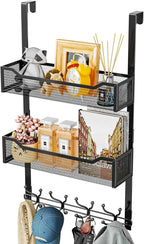 SWTYMIKI Over The Door Hooks Organizer - Multi-Functional Door Hanger with 16 Hooks & 2 Mesh Baskets, Long Coat Rack for Bath