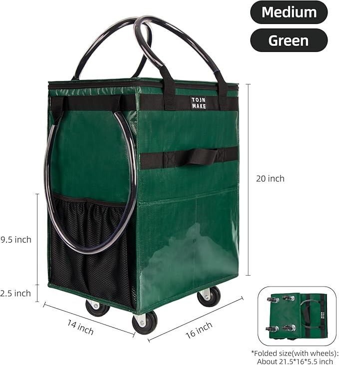 Reusable Grocery Bag On Wheels(Medium, Green), Rolling Tote Bag, Shopping Bag on Wheel, 8 Pockets and Zipper Cover for Trips, Foldable, Heavy Duty Handles, Carries Up to 66LBS