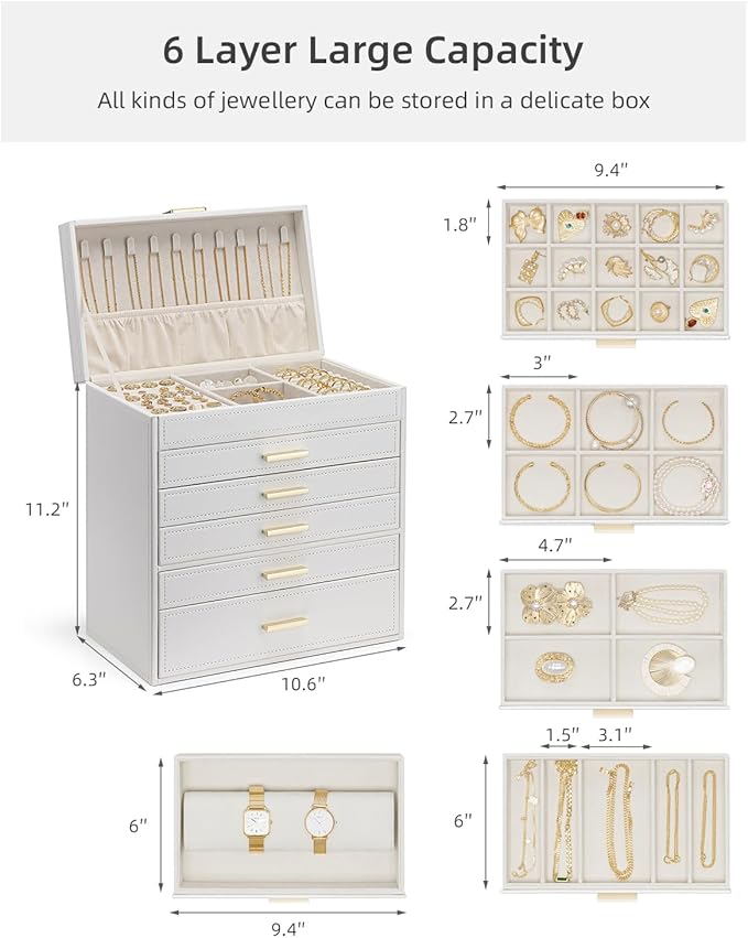 Vlando 6 Layer Large Jewelry Box - Jewelry Holder Organizer, Jewelry Box Organizer for Drawer Necklace Ring Bracelet and Watc