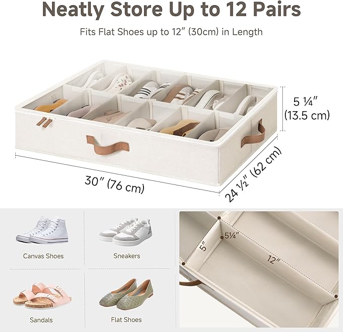 StorageWorks Shoe Organizer for Closet, Fits up to 24 Pairs, 2-Pack Ultra-thick Fabric Under Bed Shoe Storage Containers with