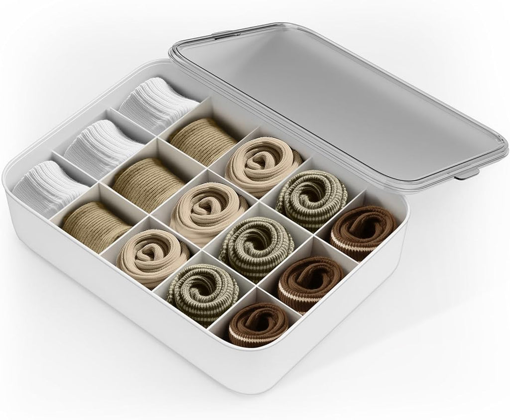 Sock and Underwear Organizer for Drawer with Lid, 15 Grid Plastic Storage Box for Closet and Dresser, Drawer Organizer for Ba