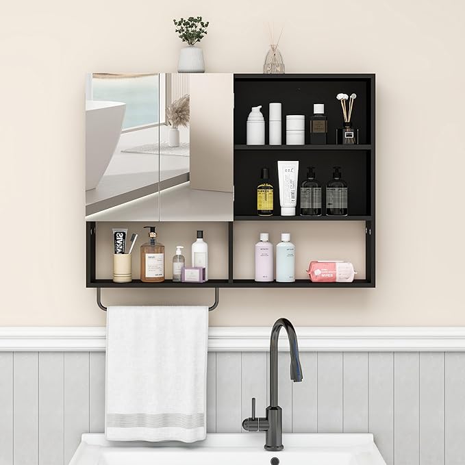 Medicine Cabinet, Wooden Bathroom Wall Cabinet with 2 Doors, Adjustable Shelves & Towel Bar, Over Toilet Storage Cabinet Wall