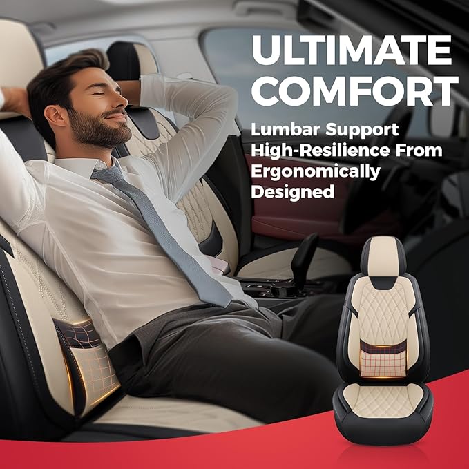 FREESOO Black Beige Car Seat Covers Full Set - Faux Nappa Leather Seat Covers for Cars, Luxury Breathable Waterproof Front Se