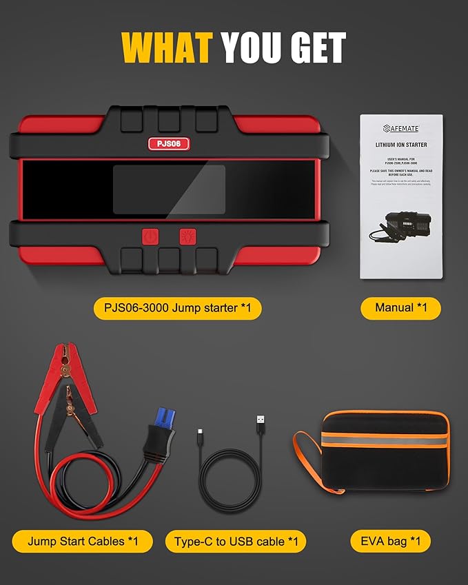 SAFEMATE PJS06 3000A Car Battery Jump Starter, Portable 12v Battery Booster, Jump Box and Charger, with Voltage Detection,