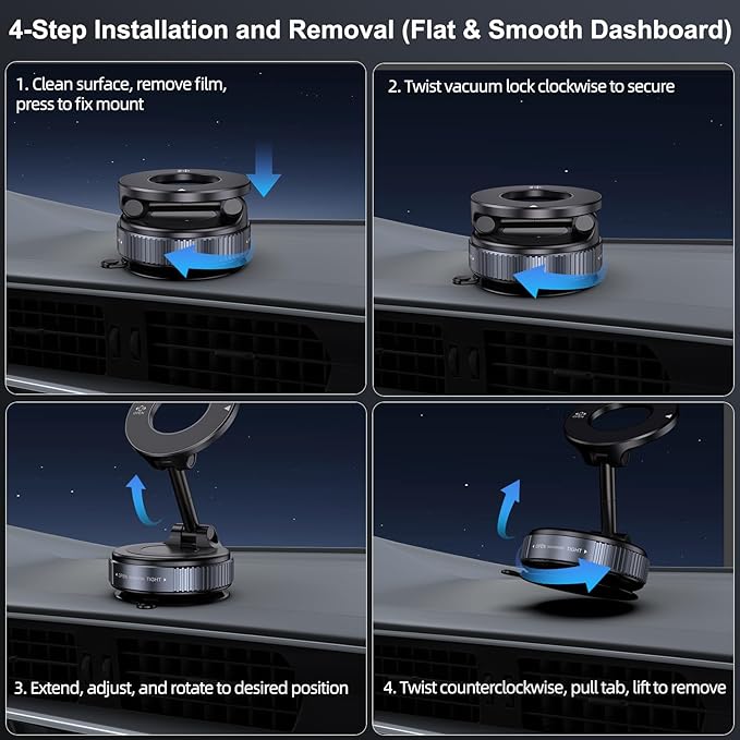 Vacuum Magnetic Car Phone Holder for Magsafe, Hands-Free 360° Adjustable Suction Cup Phone Mount for Car/Gym/Mirror/Smooth Surface, Compatible with iPhone & Android (Silver Black)