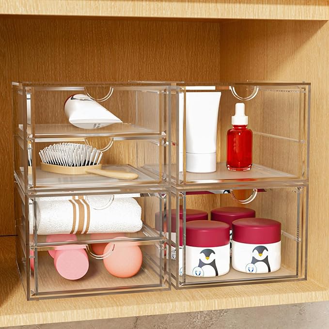 Acrylic Makeup Organizer, 4 Pack Drawer Organizer - Transparent Desktop Storage for Cosmetics, Office Supplies & More - Clear