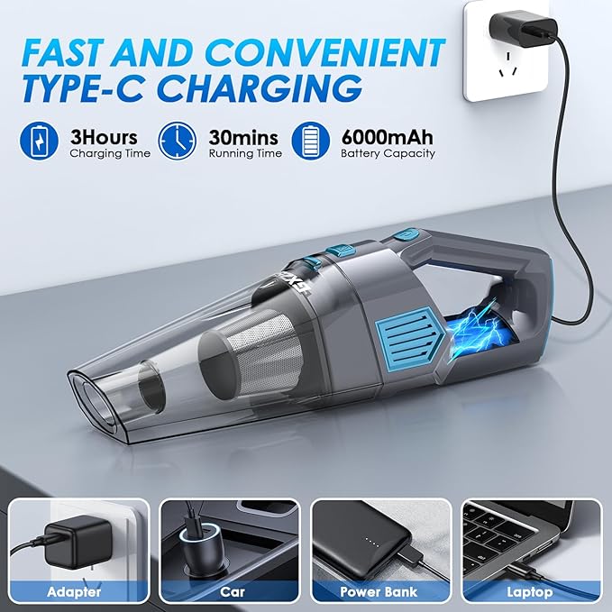Handheld Vacuum Cordless, 15000PA Strong Suction Hand Held Car Vacuum Cleaner Rechargeable, Portable Hand Vacuum with Multi-N