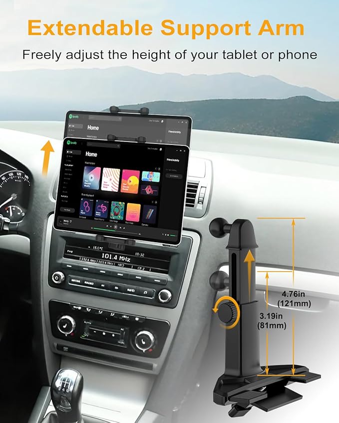 Car CD Slot Mount Tablet Holder with Adjustable Arm, Universal 360° Rotation Truck CD Player Tablet Holder for 4-13" iPad Pro Air Mini, Phone, Galaxy Z Fold, Fire HD