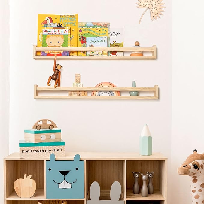 Fun Memories Nursery Book Shelves - Rustic Natural Solid Wood Floating Bookshelf for Kids - Wall Book Shelves for Kids Room (