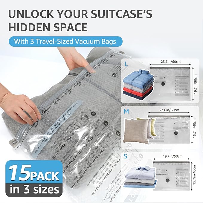 15 Packs Vacuum Bags for Travel with Rechargeable Pump, 3 Sizes Vacuum Seal Bags for Clothing, Compression Vacuum Travel Bags