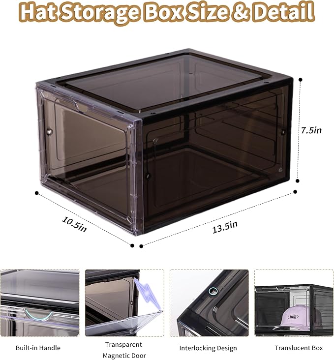 Attelite Upgrade Harder Solid Plastic Hat Organizer for Baseball Caps, 8 Pack Stackable Hat Storage Box with Clear Magnetic D