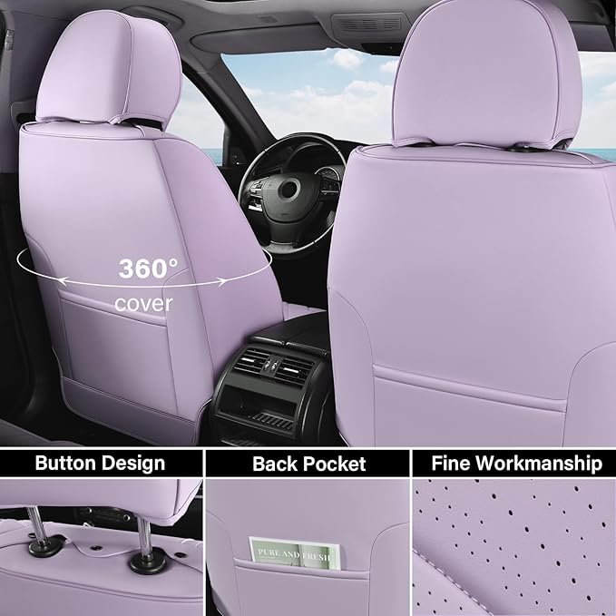 Coverado Seat Covers Full Set, Purple Car Seat Covers, Waterproof Car Seat Cover with Lumbar Support, Leather Car Seat Cushio