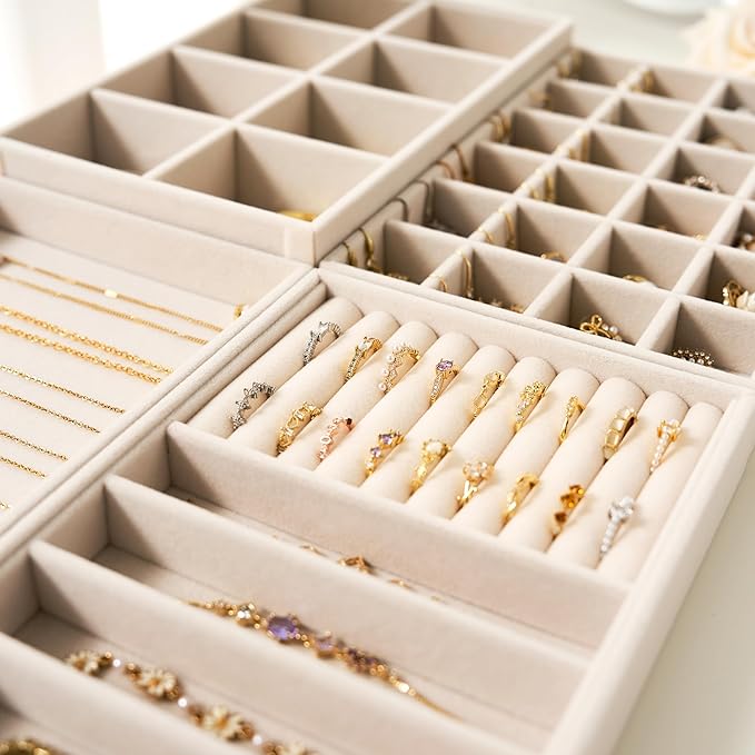 Velvet Jewelry Drawer Organizer Trays – 4-Layer Stackable Jewelry Storage Inserts Set, Beige Jewelry Tray Set for Earrings, R