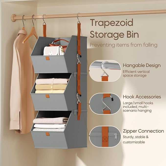 Homsorout Collapsible Hanging Closet Organizer - 3 Tier Closet Shelves Storage System with Hooks, Fabric Hanging Storage Bins