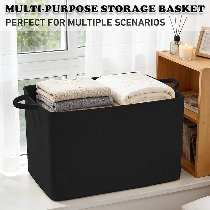 65L Large Blanket Basket,21"x16"x12" Rectangle Storage Bin with Handles,Woven Rope Laundry Basket for Toys, Clothes,Pillows,M