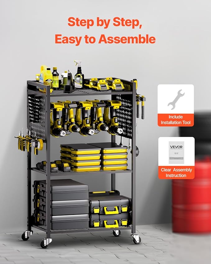 VEVOR 4-Tier Tool Organizer Cart, 150 lbs Load Capacity, Floor Stand Rolling Drill Holder and Stability Storage Rack, Heavy D