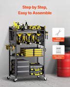 VEVOR 4-Tier Tool Organizer Cart, 150 lbs Load Capacity, Floor Stand Rolling Drill Holder and Stability Storage Rack, Heavy D
