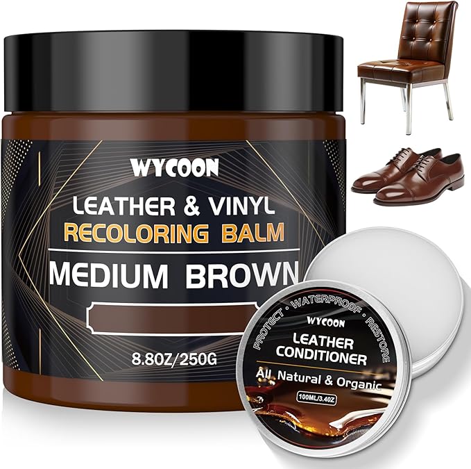 Leather Recoloring Balm with 100ml Mink Oil Conditioner | Medium Brown Repair Kit, Dye & Color Restorer for Furniture, Sofa, 