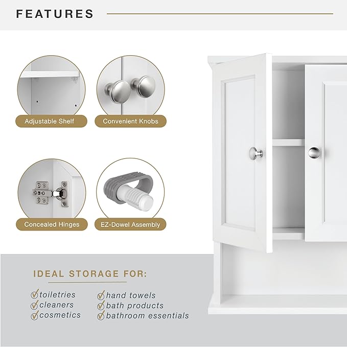 MCS 23x18 White Medicine Cabinet Organizer, Wall Mounted 2-Door Bathroom Cabinet for Over-The-Toilet Storage, Bathroom Furnit