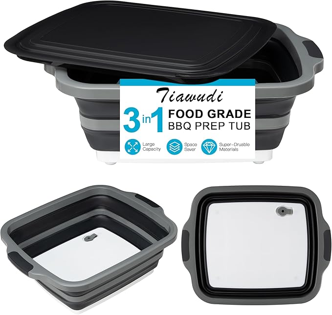 Tiawudi Large Collapsible BBQ Prep Tub with Lid(4.22 Gal/16L), Foldable Camping Sink with Colander, Cutting Board, Dish Basin