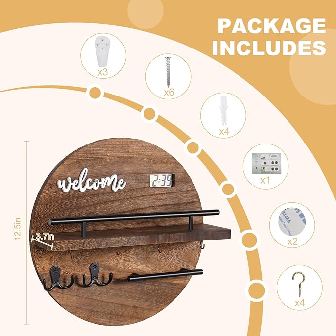 Key Holder for Wall, Key and Mail Holder Organizer with - Key Holder Wall Mount - Round Wooden Rustic Home Decor for Entryway