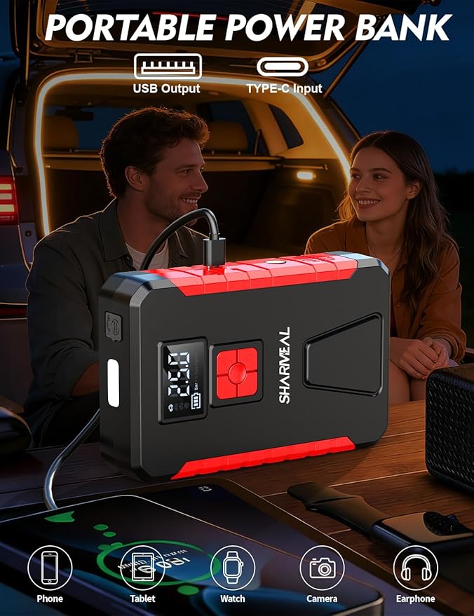 Sharmeal Jump Starter with Air Compressor, 5000A 160PSI Car Jump Starter Battery Pack (10.0L Gas/9.0L Diesel), Battery