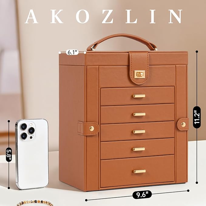 AKOZLIN 6-Tier Jewelry Box Organizer Functional 5 Drawers Leather Jewelry Storage Case for Women Girls Ring Necklace Earring 