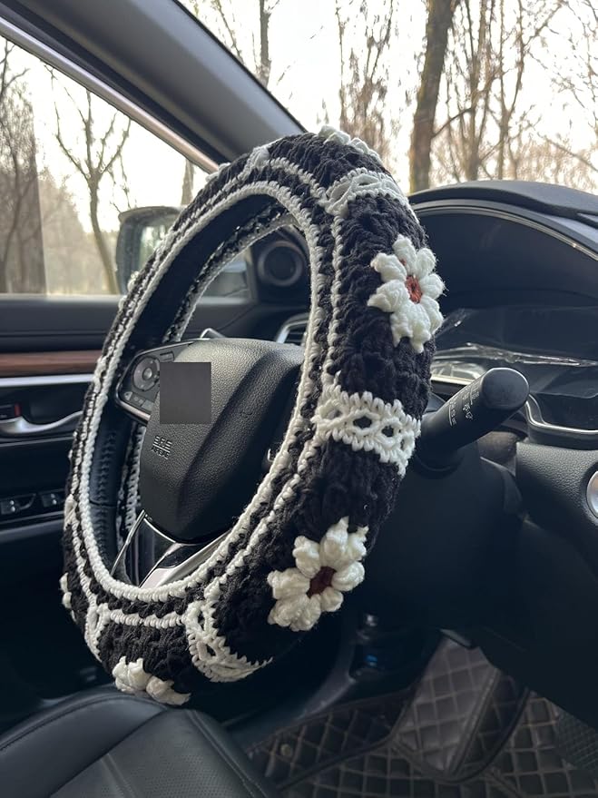 Daisy Crochet Steering Wheel Cover,Cute Seat Belt Cover,Women car Accessories (Black Steering Wheel Cover)