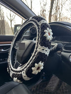 Daisy Crochet Steering Wheel Cover,Cute Seat Belt Cover,Women car Accessories (Black Steering Wheel Cover)