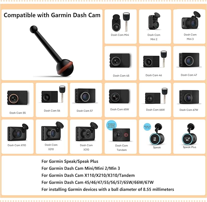 for Garmin Dash Cam Mount,Compatible with Garmin Mini/Mini 2/Mini 3/45/46/47/55/56/57/65W/66W/67W/Tandem/ X110/X210/X310 etc Dash Cam,Aluminum Rearview Mirror Bracket Kit (8.55mm Ball Heads)