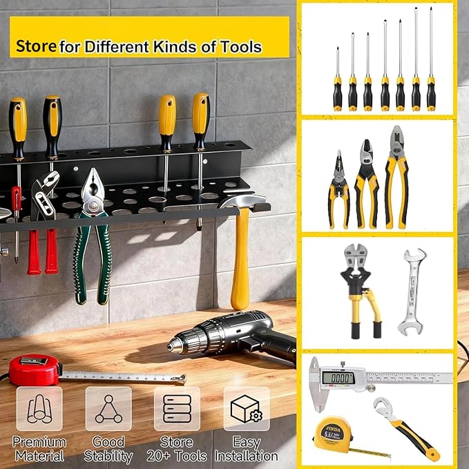 Metal Screwdriver Organizer, 15.75inch Utility Wall Mount Tool Organizer for Screwdrivers Pliers Holder with 35 Holes, Hand T