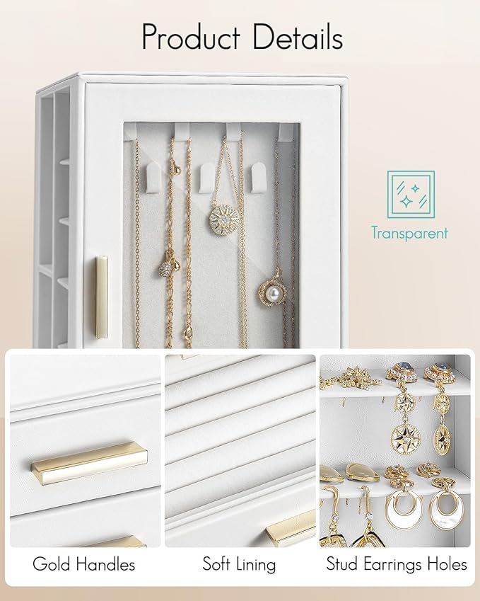 Vlando 360° Rotating Jewelry Box with 5 Drawers, Large Jewelry Storage with 2 Glass Window, PU Leather Jewelry Organizer for 