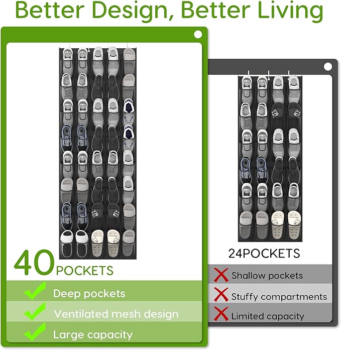Unjumbly Over the Door Shoe Organizer with 40 Large Breathable Mesh Pockets, Space Saving Shoe Holder, Hanging Shoe Rack for 